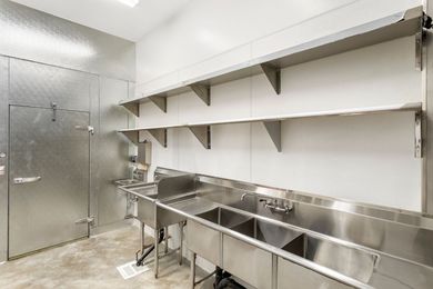 A kitchen with stainless steel sinks and shelves.