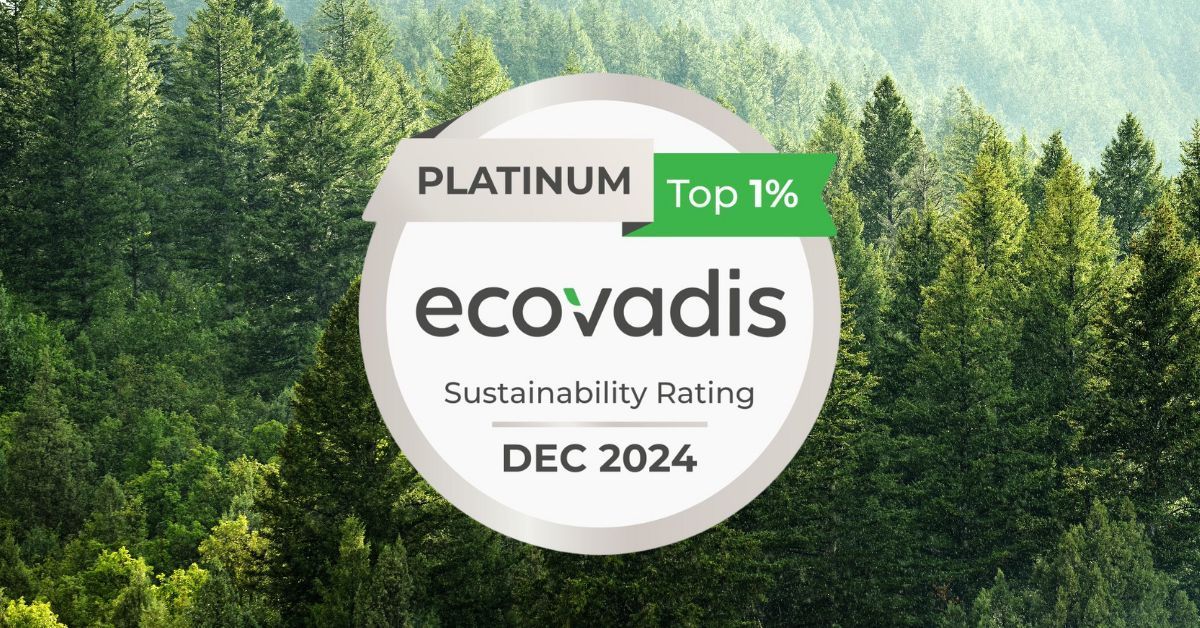 The EcoVadis platinum badge sits on a background of a green forest