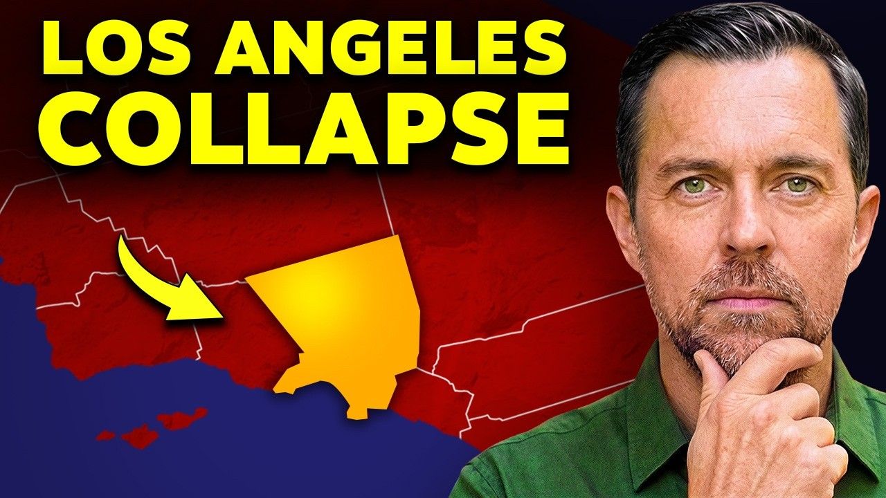 A man curious with a map background and overlay text LOS ANGELES COLLAPSE