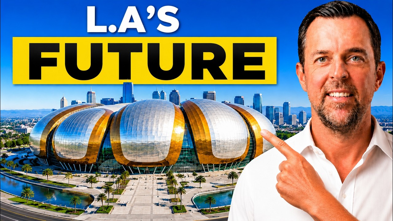 L.A. skyline with a gold-domed arena and a man pointing beside bold “L.A.’S FUTURE” text