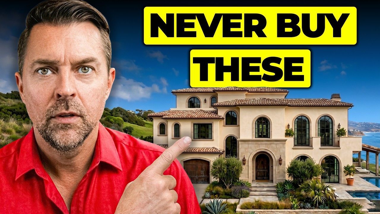 Man pointing at a luxury house with bold yellow text: “NEVER BUY THESE”