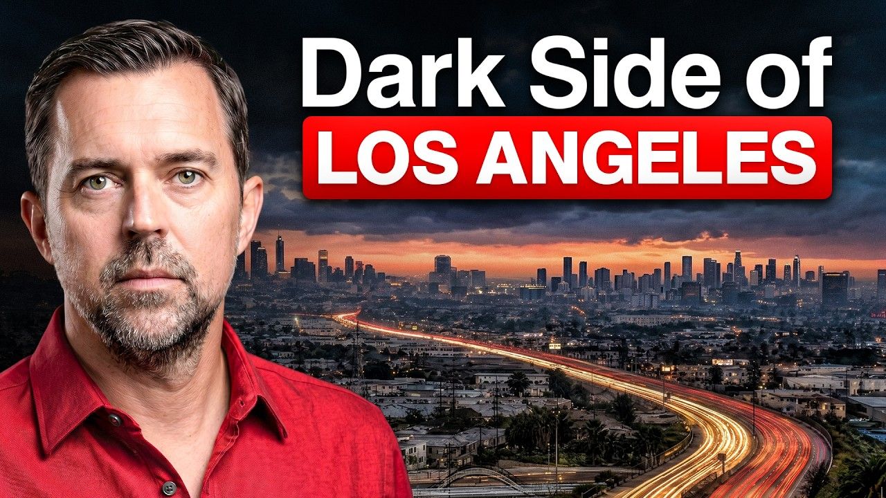 Man in red shirt beside Los Angeles skyline with bold text “Dark Side of LOS ANGELES”