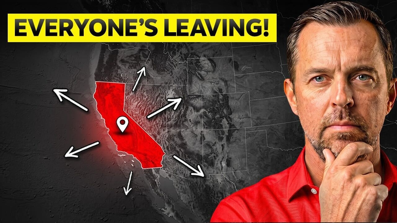 Man in red shirt beside red California map with arrows and the text “EVERYONE’S LEAVING!”