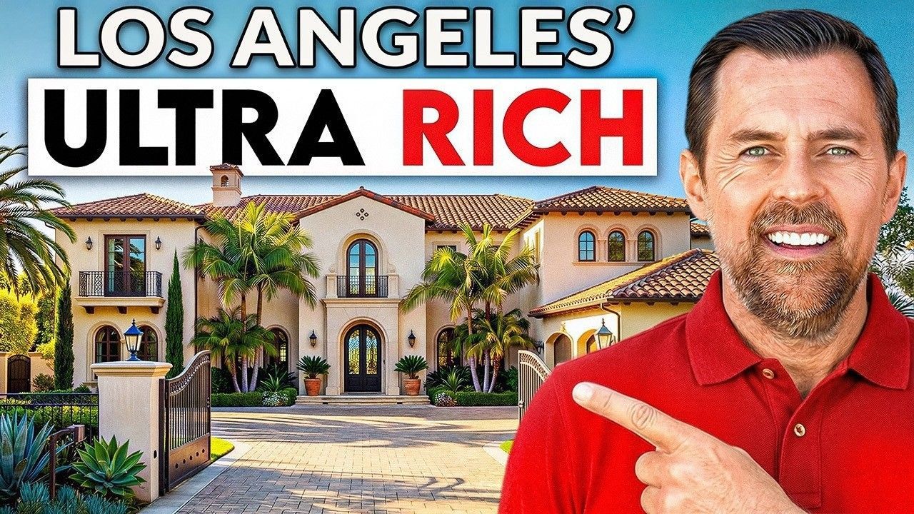 Los Angeles ultra-rich thumbnail with luxury mansion, smiling man in red shirt, and bold title text