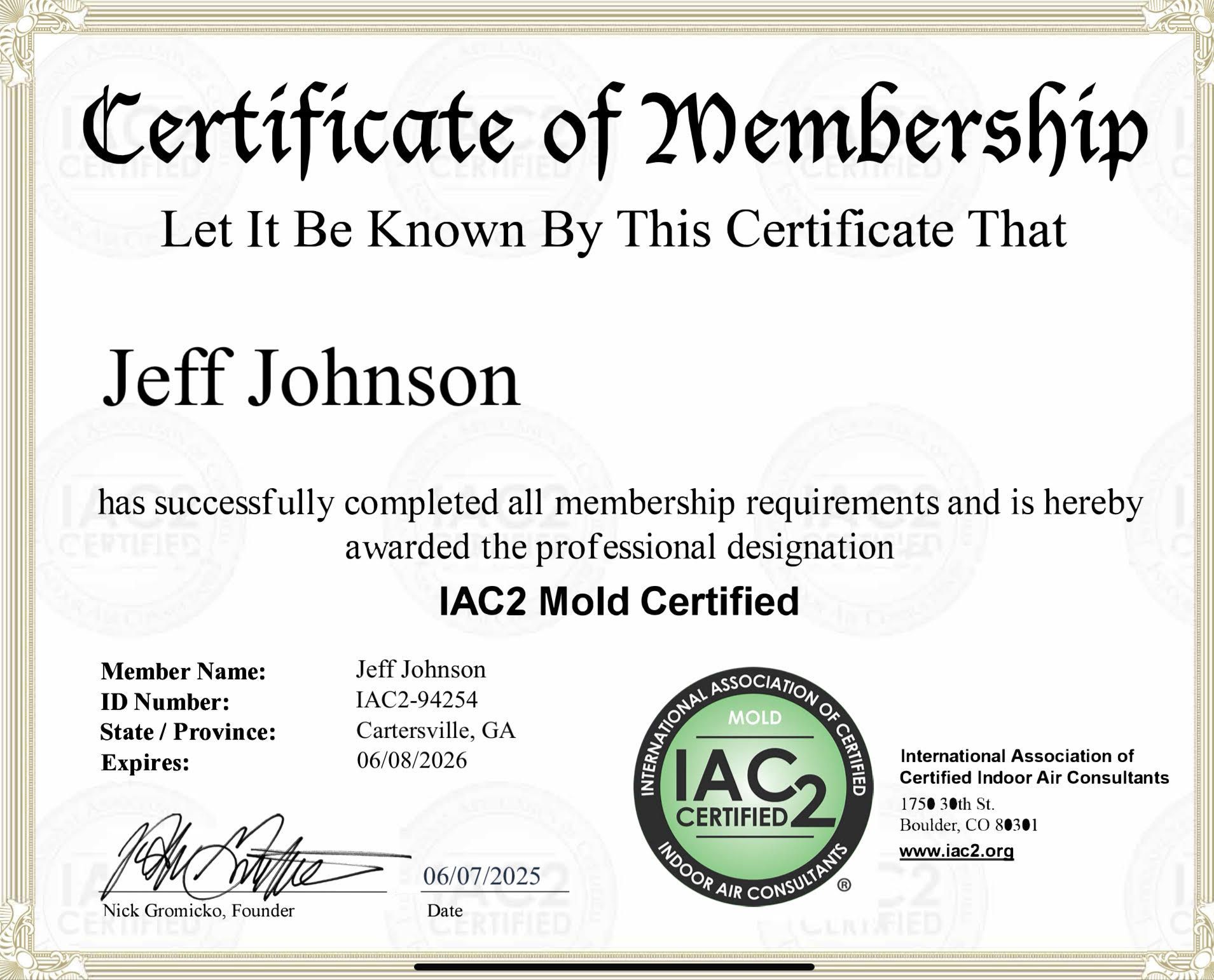 Certificate of membership: Jeff Johnson, IAC2 Mold Certified, with seal and details of certification.