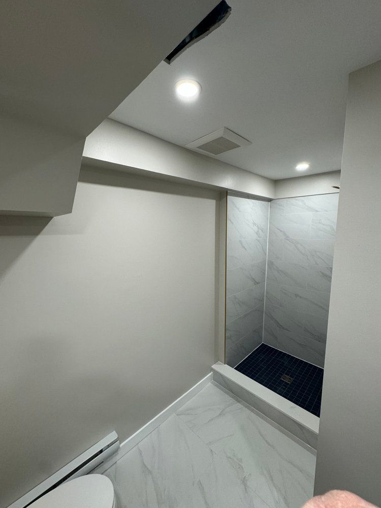 A bathroom with a toilet and a walk in shower.