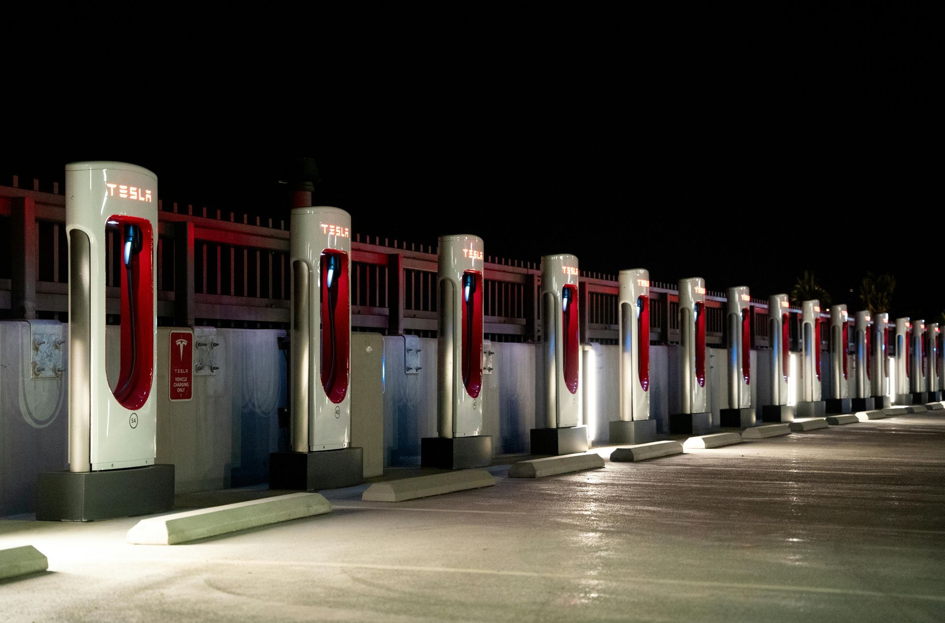 A row of tesla charging stations are lit up at night