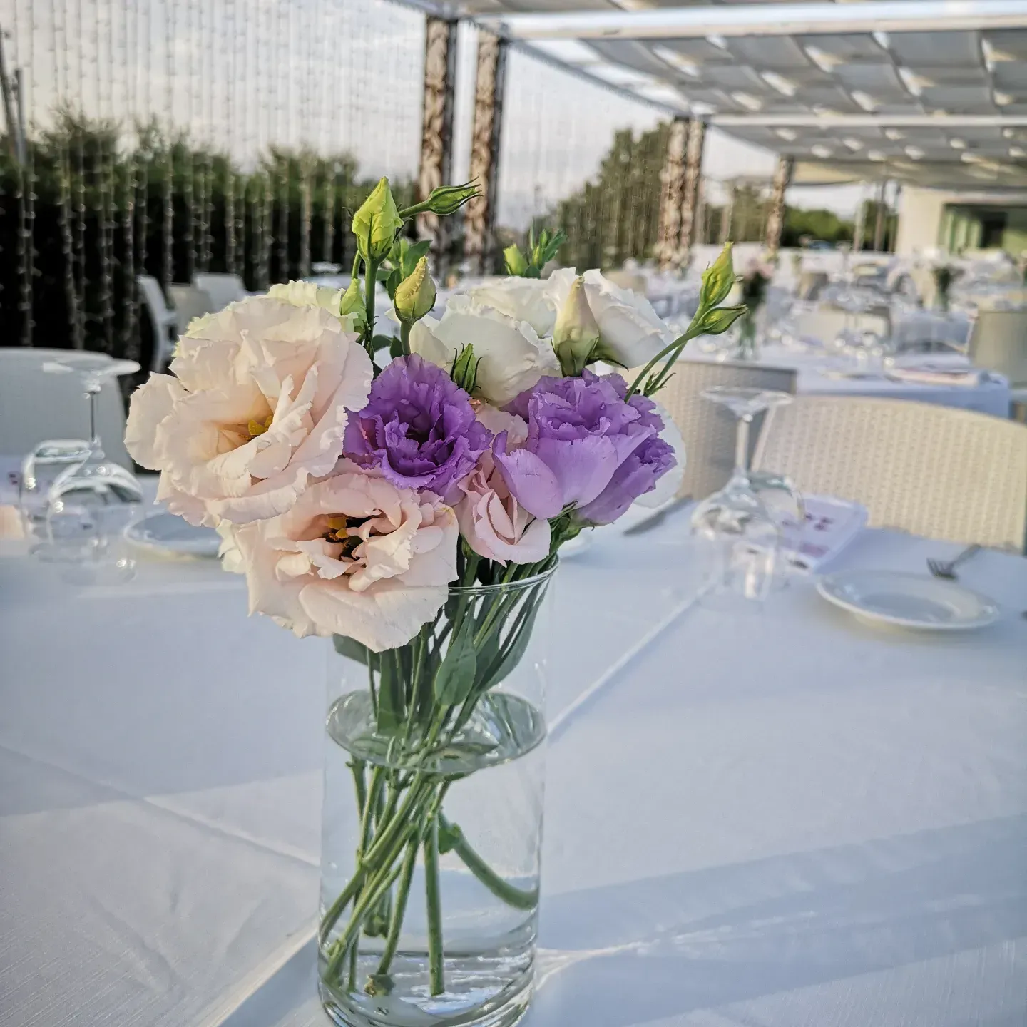 Un vaso di vetro pieno di fiori di eustoma rosa chiaro e viola è appoggiato su un tavolo apparecchiato per un evento all'aperto.