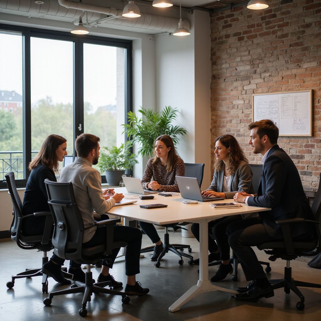People in a modern office, sitting around a table with laptops, in a discussion.