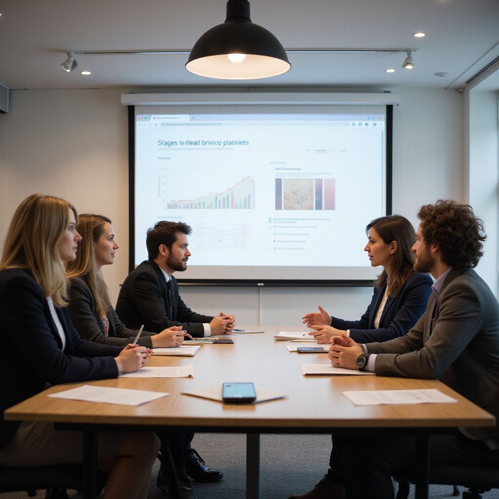 Business team in a meeting, around a table, looking at a screen with charts.
