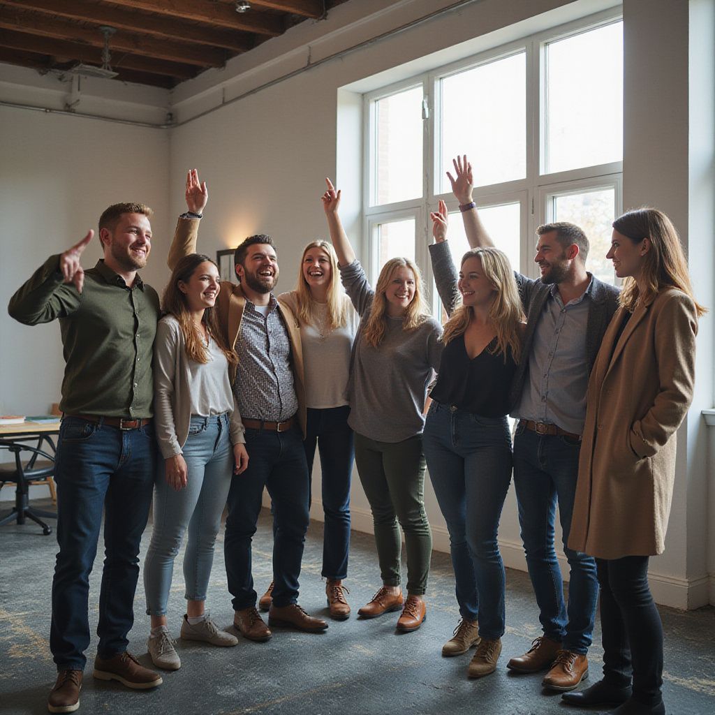 Group of people celebrating in a bright room with arms raised, smiling.