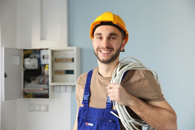 Electrician in orange hard hat and blue overalls holding coiled cable in a utility room