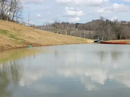 A large body of water surrounded by trees and grass on a hillside.