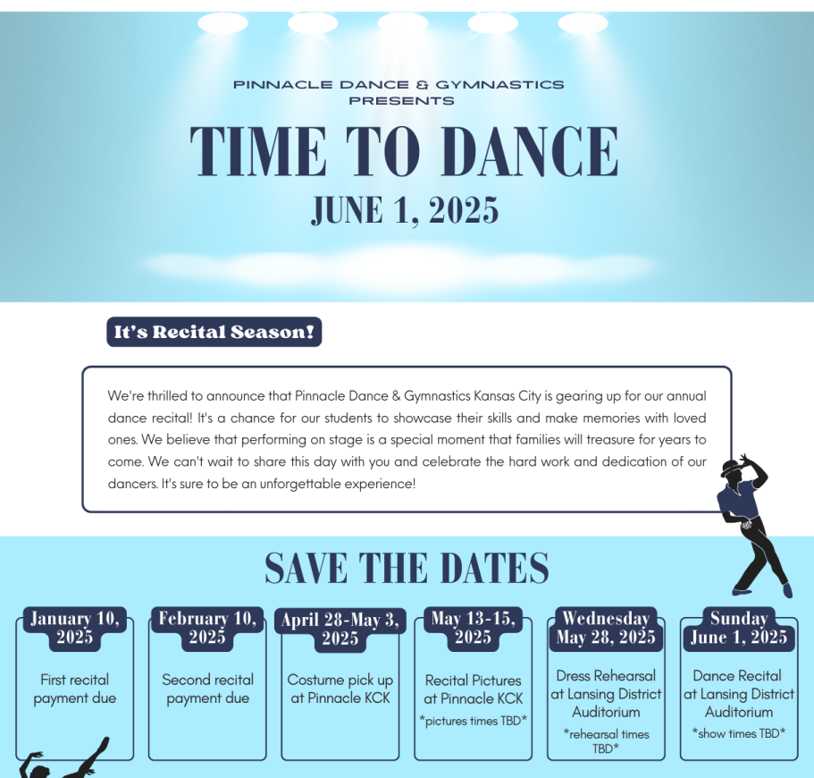 Blue background with five spotlights announcing the Pinnacle Dance Recital for 2025