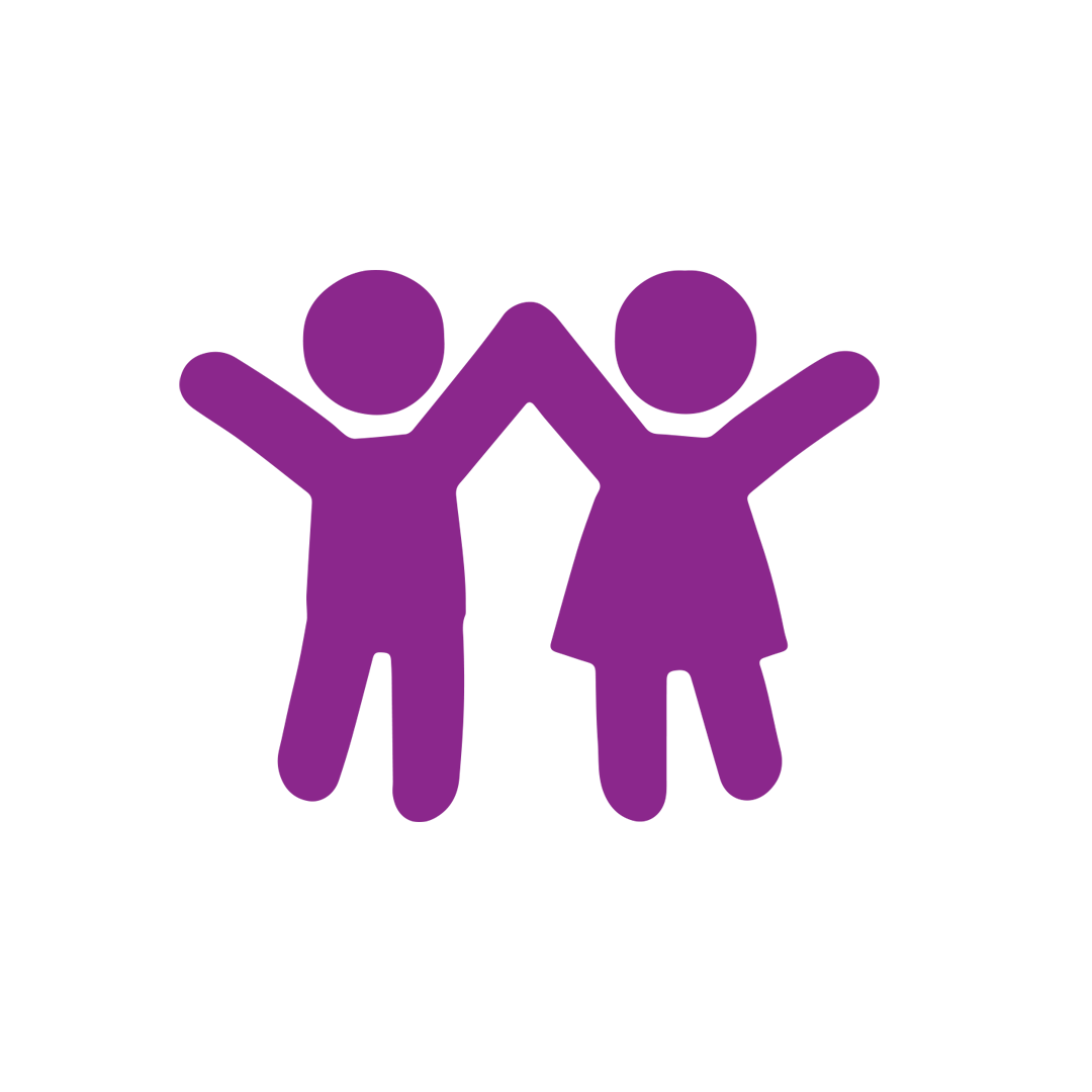 A purple icon of two children holding hands.