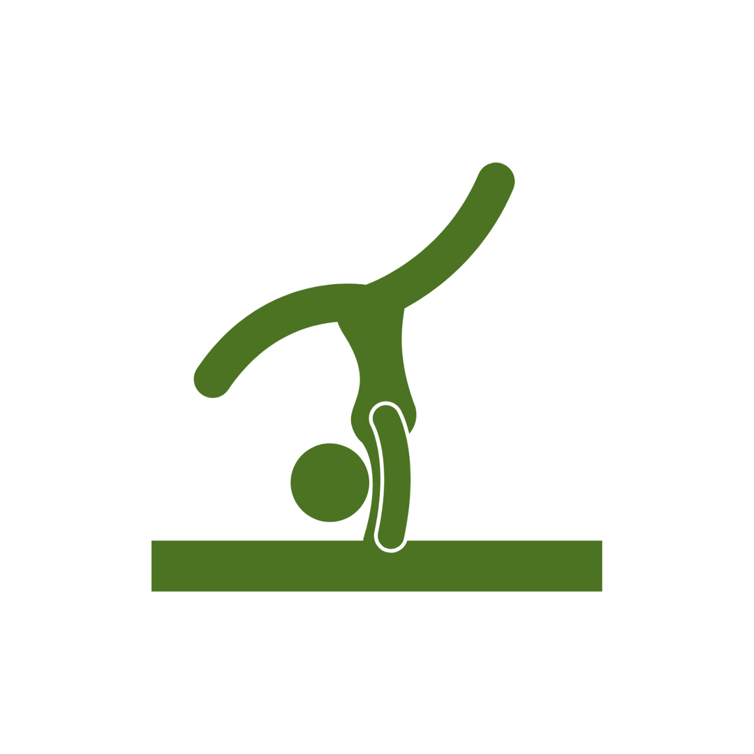 A green icon of a person doing a handstand on a balance beam.