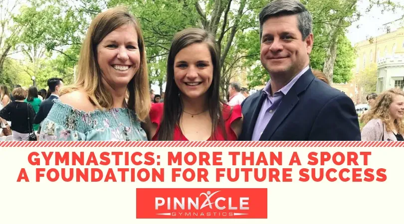 a mother, father, and daughter attending a graduation ceremony with their former gymnast 