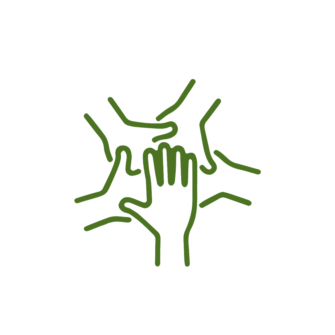A line drawing of a group of hands holding each other.