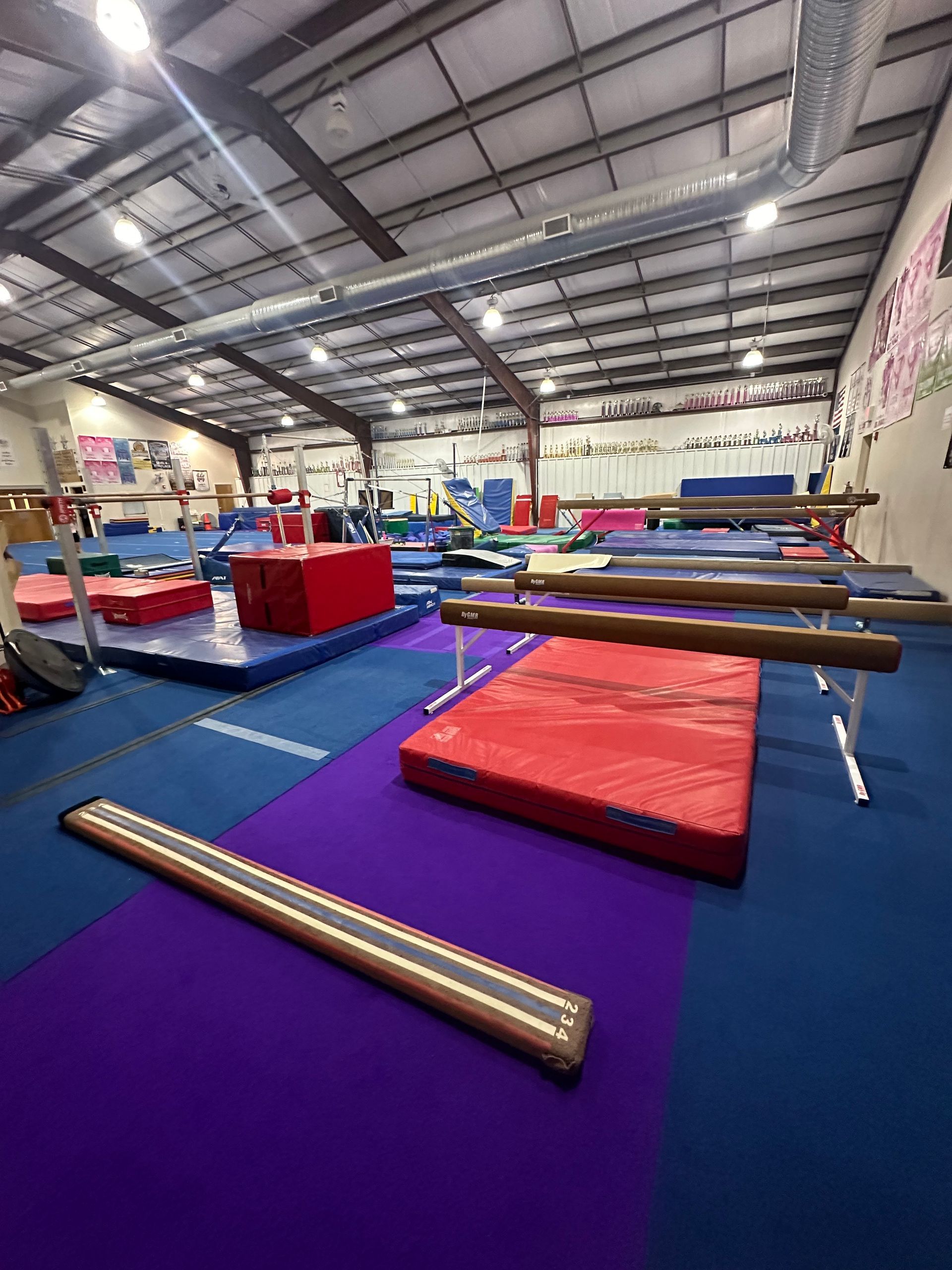 A gymnastics facility filled with lots of equipment and a purple mat.