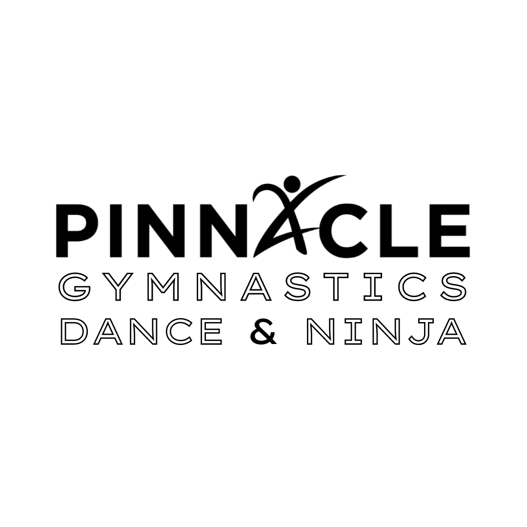 A black and white logo for pinnacle gymnastics dance and ninja.