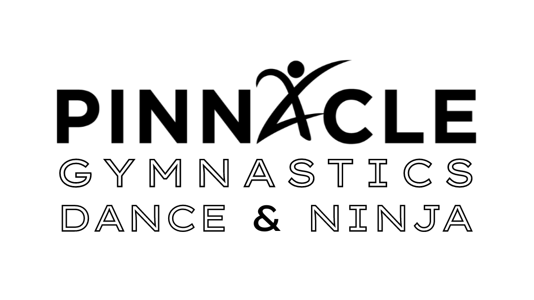 A black and white logo for pinnacle gymnastics dance and ninja.