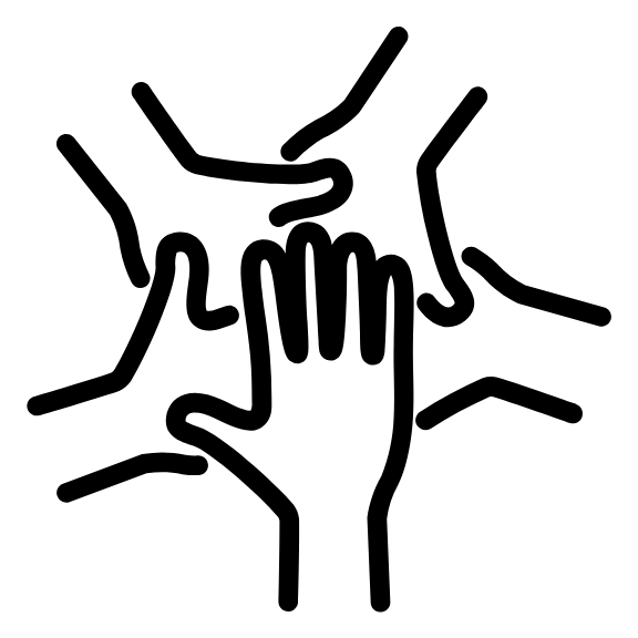A black and white drawing of a group of people holding hands.