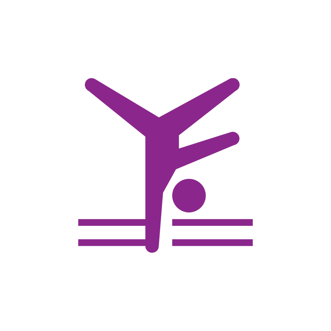 A purple icon of a person doing a handstand on a white background.