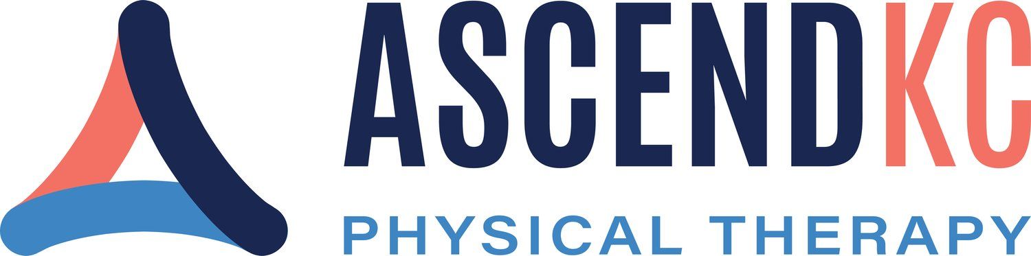 The logo for ascend kc physical therapy is blue and red