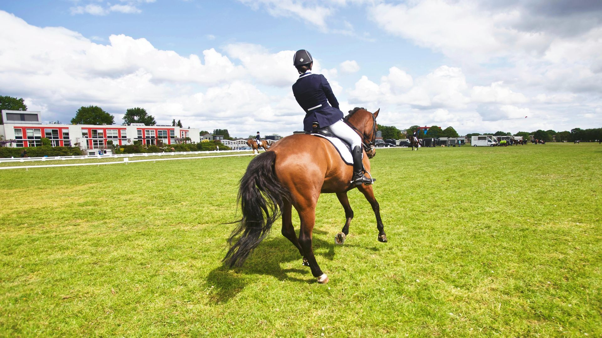 A horseback rider riding a horse through a green field