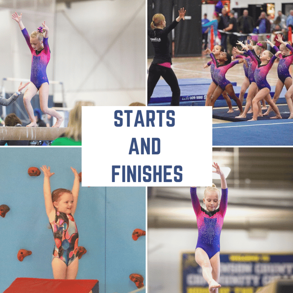 A collage of gymnasts doing lunges and finishing cartwheels.