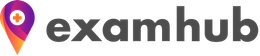 a logo for examhub with a purple pin