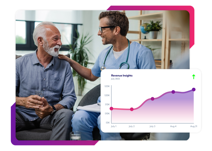 A nurse is talking to an older man while sitting on a couch.