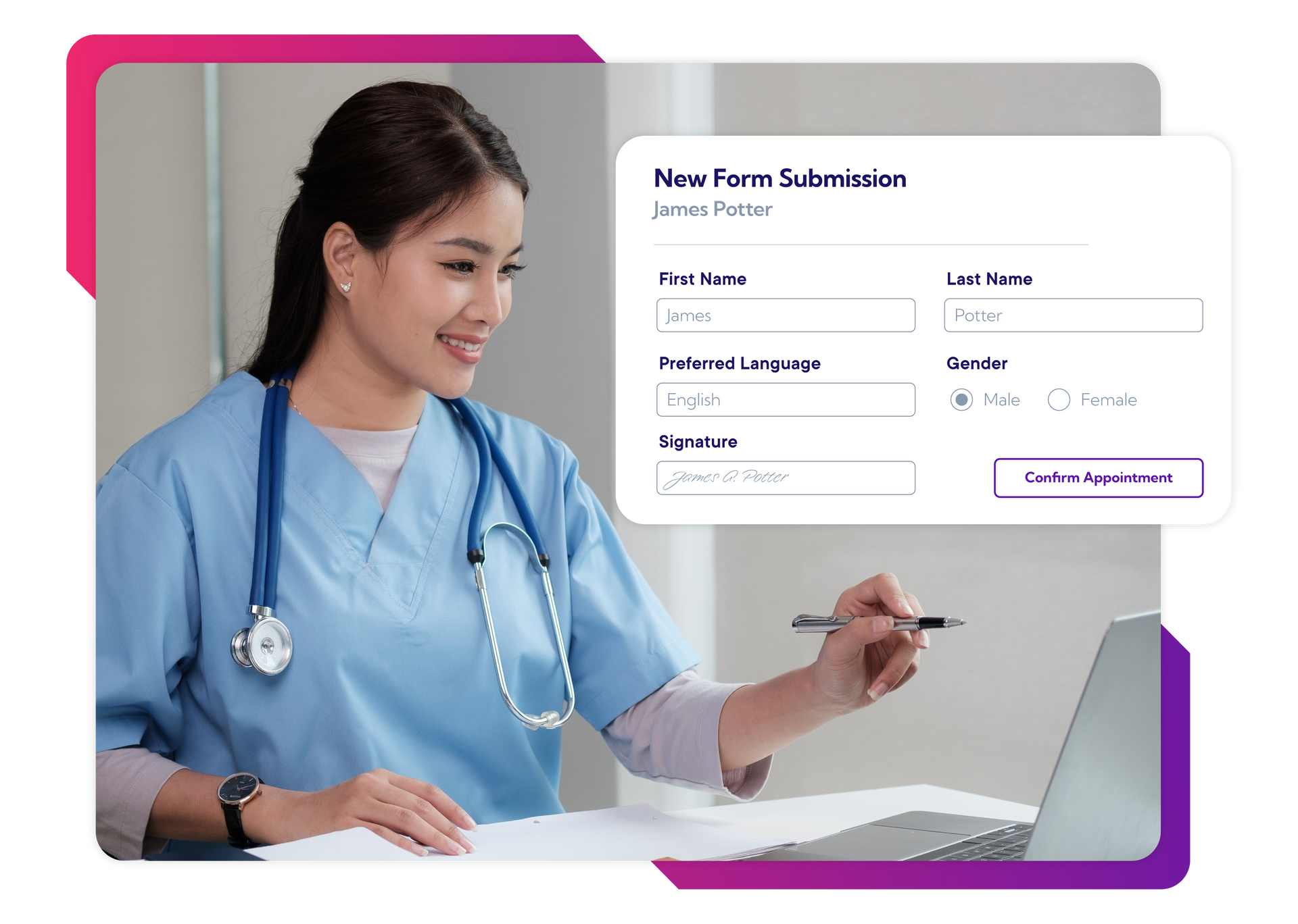 A nurse is sitting at a desk using a laptop computer.