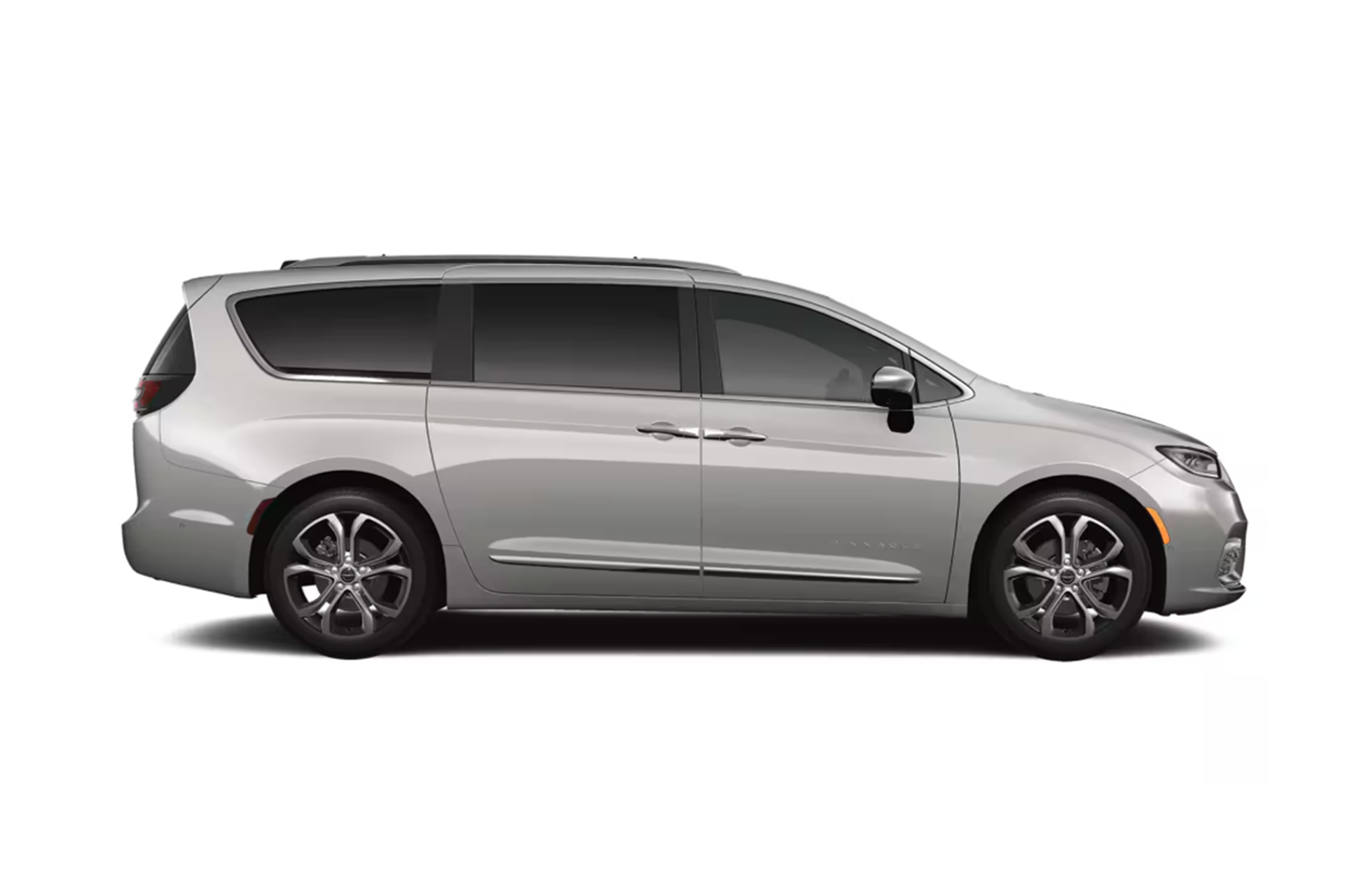 Silver Chrysler Pacifica minivan, side view.