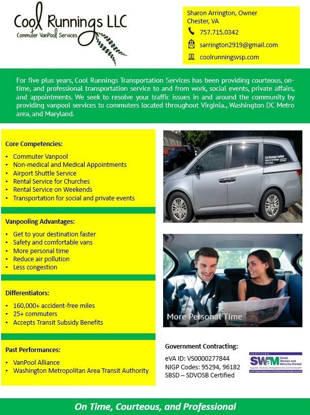 Brochure for Cool Runnings LLC transportation services. Features a van, happy people in a car, and service details.