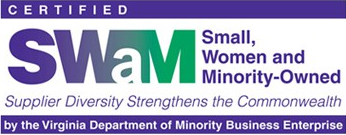 Logo of SWaM, Small, Women and Minority-Owned businesses, in purple and green. 