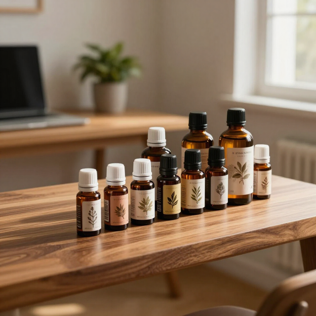 Pequeños frascos de aceite esencial de color ámbar sobre una mesa de madera