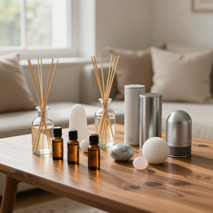 Artículos esenciales de spa sobre una mesa de madera con difusores y frascos