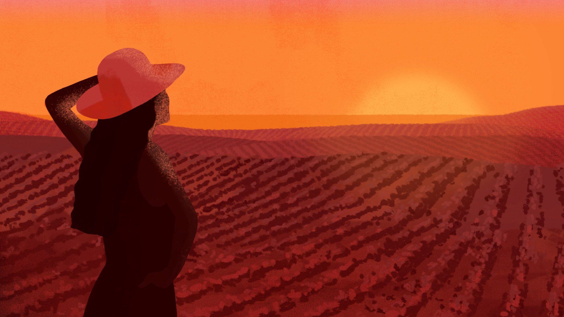 a woman in a hat is standing in a field at sunset .