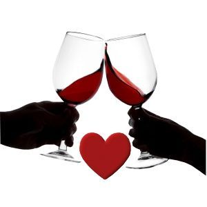 two people toasting with wine glasses and a red heart