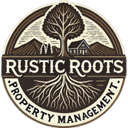 Rustic Roots Property Management logo: a tree with exposed roots, a house, and mountains.
