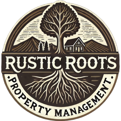 Rustic Roots Property Management logo: a tree with exposed roots, a house, and mountains.