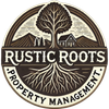 Rustic Roots Property Management logo: a tree with exposed roots, a house, and mountains.