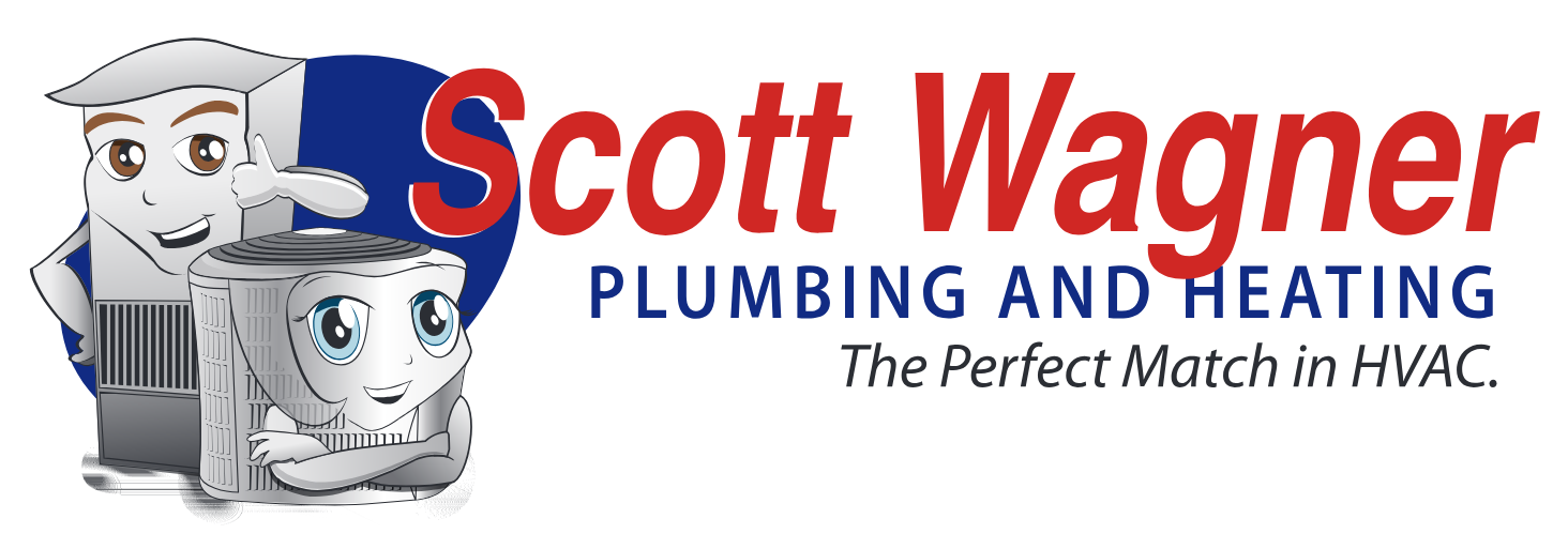 The logo for scott wagner plumbing and heating the perfect match in hvac