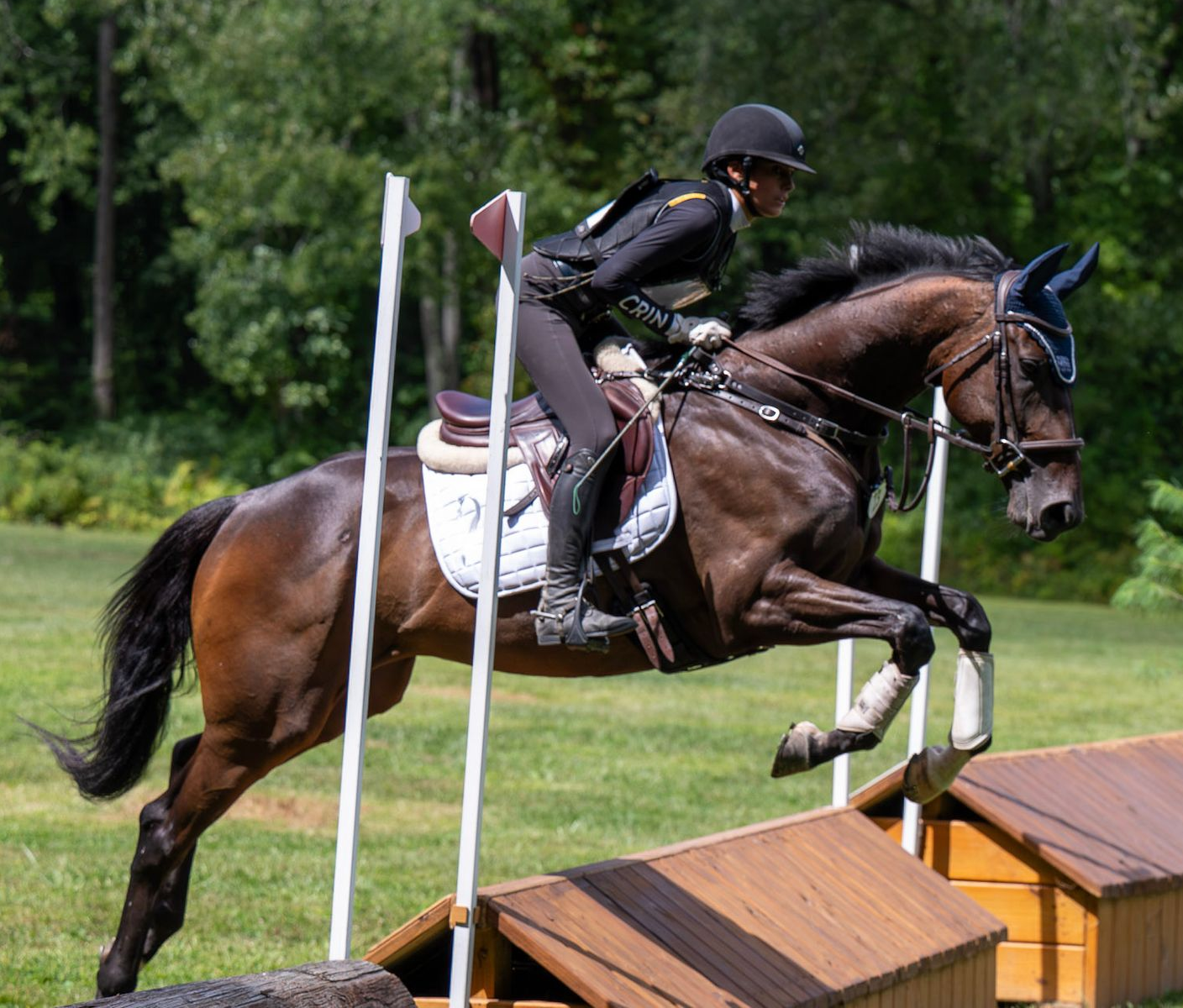 Sport horse and rider jumping over a cross country jump in a field