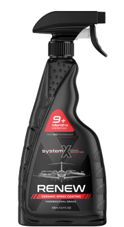 A black spray bottle of System X Renew ceramic spray coating with red text detailing 9+ months of protection.