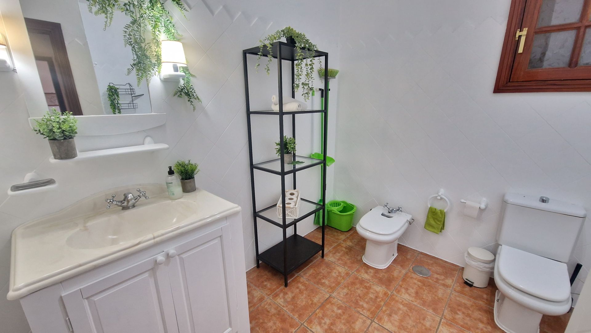 A bathroom with a sink , toilet , bidet and mirror.