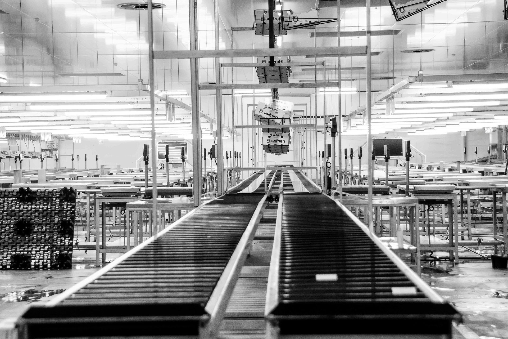 Black and white factory conveyor belt, overhead lights, empty workstations, perspective shot.