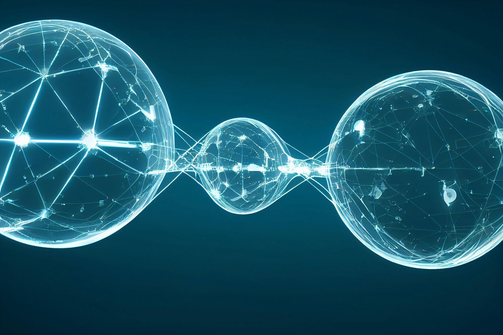 Blue interconnected spheres, linked by glowing lines, against a dark blue background.