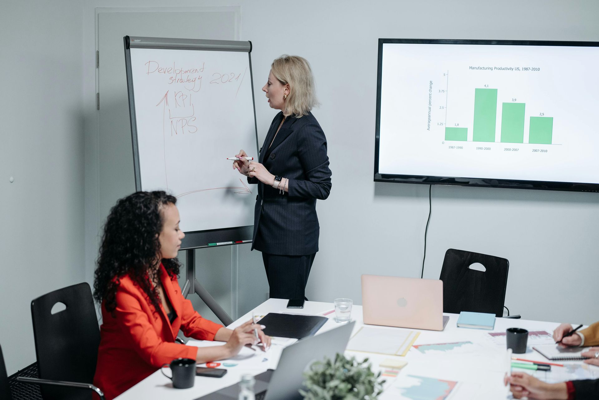 Woman in a meeting, presenting figures on a whiteboard and screen, colleagues in attendance.